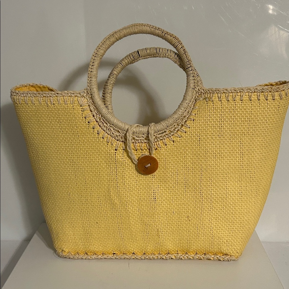 Chic Yellow Woven Tote with Button Accent
